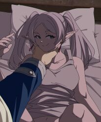 1boy 1girl bed blue_tunic commentary earrings elf frieren green_eyes grey_hair grey_tank_top highres himmel_(sousou_no_frieren) inkspirate long_sleeves looking_at_viewer lying on_back on_bed pointy_ears pov smile smug sousou_no_frieren tank_top teardrop_earrings tunic twintails