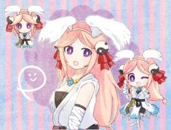 1girl arm_wrap belt black_shorts blue_background bow breasts championship_belt chibi chibi_inset cleavage commentary_request commission fake_wings full_body hair_bow head_wings long_hair looking_at_viewer medium_breasts official_alternate_costume open_mouth pink_background pink_hair pochiko_(poteko) purple_eyes ragnarok_online red_bow shirt shorts skeb_commission sleeveless sleeveless_shirt smile striped_background sura_(ragnarok_online) upper_body white_shirt wings yin_yang_hair_ornament
