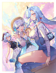 Rule 34 | 3girls, alternate costume, ayaka (genshin impact), bag, blue dress, blue eyes, blue hair, breasts, butterfly hair ornament, dress, ganyu (genshin impact), genshin impact, hair ornament, hair over one eye, highres, kamisato ayaka, kamisato ayaka (springbloom missive), large breasts, long sleeves, looking at viewer, mole, mole under eye, multiple girls, official alternate hairstyle, orange sekaii, puffy long sleeves, puffy sleeves, shenhe (genshin impact), shirt, shoulder bag, sitting, sleeveless, sleeveless shirt, thighs