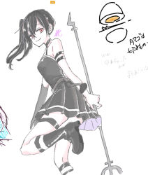 1girl bare_shoulders black_boots black_dress black_gloves black_hair boots breasts closed_mouth dress egg elbow_gloves gloves hair_between_eyes high_heel_boots high_heels highres holding long_hair pleated_dress red_eyes seila_rei side_ponytail simple_background single_glove small_breasts smile solo_focus sousou_no_frieren standing standing_on_one_leg translation_request ubel_(sousou_no_frieren) white_background