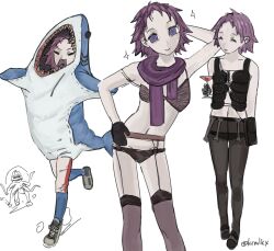 1girl breasts dorohedoro ebisu_(dorohedoro) highres krmlkx messy_hair pale_skin pantyhose purple_eyes purple_hair short_hair simple_background small_breasts underwear very_short_hair