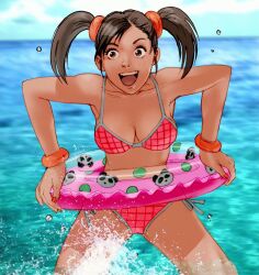 1girl 2004 :d animal_print bangle bear_print bikini bracelet breasts brown_hair cleavage copyright_name innertube jewelry kawano_takuji large_breasts ling_xiaoyu looking_at_viewer nail_polish ocean official_art open_mouth orange_nails panda_print pink_bikini plaid_bikini plaid_clothes short_twintails side-tie_bikini_bottom sideways_glance smile solo swim_ring swimsuit tan teeth tekken tekken_5 twintails upper_teeth_only water