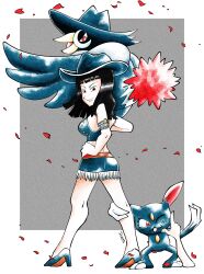 1girl absurdres armlet artist_name black_hair blue_hat blunt_bangs border character_request commentary commission cowboy_shot devil_fruit_power dwalkn extra_arms falling_petals full_body gen_2_pokemon gen_4_pokemon hana_hana_no_mi hat high_heels highres honchkrow jewelry looking_back medium_hair nico_robin nico_robin_(whisky_peak) nintendo one_eye_closed one_piece outside_border petals pokemon pokemon_(creature) red_eyes skirt smile sneasel sugimori_ken_(style) white_border