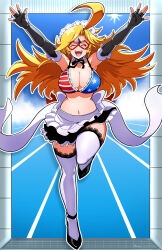 1girl ahoge apron artist_name black_gloves black_shoes blonde_hair breasts cleavage closed_eyes collarbone domino_mask elbow_gloves fingerless_gloves fujioka_yatsufusa gloves highres huge_ahoge kamen_america kamen_america_(comic) large_breasts long_hair mask navel open_mouth running_track shoes solo star_(symbol) stomach thighhighs white_apron white_thighhighs