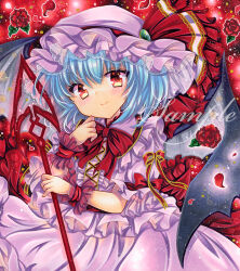 Rule 34 | 1girl, bat wings, blue hair, blush, bow, bowtie, commentary request, flower, frilled shirt collar, frills, hair between eyes, hat, hat ribbon, holding, holding polearm, holding weapon, looking at viewer, marker (medium), mob cap, pink hat, pink shirt, pink skirt, polearm, puffy short sleeves, puffy sleeves, red bow, red bowtie, red eyes, red flower, red ribbon, red rose, remilia scarlet, ribbon, rose, rui (sugar3), shirt, short hair, short sleeves, skirt, skirt set, smile, solo, spear the gungnir, touhou, traditional media, upper body, weapon, wings