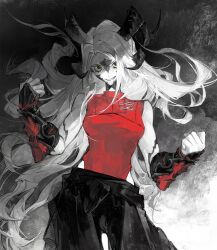 1girl au_ra black_pants clenched_hands cowboy_shot curled_horns dragon_girl dragon_horns final_fantasy final_fantasy_xiv greyscale grin highres horns kira_bei long_hair looking_at_viewer monochrome multiple_horns pants scales smile solo spot_color standing vambraces warrior_of_light_(ff14) yellow_eyes