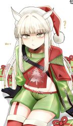 ... 1girl :/ ? alternate_costume animal_ears arknights black_gloves blunt_bangs boots chinese_commentary christmas christmas_present closed_mouth commentary_request cowboy_shot elbow_gloves fur-trimmed_headwear fur_trim gift gloves green_jacket green_shorts groin hat highres jacket long_hair looking_at_viewer midriff navel partial_commentary platinum_(arknights) raised_eyebrow red_boots red_hat red_jacket santa_hat shorts sidelocks simple_background sitting solo strap thigh_boots white_background white_hair xiwang_ni_kaixin_de_suo_suo_zi yellow_eyes zipper zipper_pull_tab