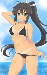 1girl absurdres ahoge beach_volleyball bikini black_bikini breasts dark-skinned_female dark_skin green_eyes highres homura_(senran_kagura) long_hair looking_at_viewer n-senpai ponytail ribbon senran_kagura senran_kagura_new_link senran_kagura_shinovi_versus solo swimsuit tan tanline undressing