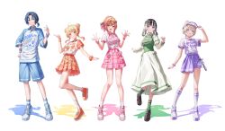5girls absurdres black_hair blonde_hair blue_eyes blue_hair blue_nails blue_shirt blue_shoes blue_shorts blue_socks blunt_bangs braid brown_shoes chacha_zo character_name closed_mouth clothes_writing double_bun english_text eyewear_on_head full_body green_shirt green_socks grey_hair hair_bun hair_rings heart heart-shaped_eyewear highres hiodoshi_ao hiodoshi_ao_(holonatsu_paradise) hololive hololive_dev_is ichijou_ririka ichijou_ririka_(holonatsu_paradise) juufuutei_raden juufuutei_raden_(holonatsu_paradise) kneehighs layered_sleeves loafers long_skirt long_sleeves looking_at_viewer medium_hair multicolored_hair multiple_girls open_mouth orange_shoes orange_skirt otonose_kanade otonose_kanade_(holonatsu_paradise) parted_lips pink_shoes pink_skirt polka_dot purple_eyes purple_skirt ribbed_socks shadow shirt shoes short_hair short_sleeves shorts simple_background skirt smile socks standing standing_on_one_leg todoroki_hajime todoroki_hajime_(holonatsu_paradise) tongue tongue_out two-tone_hair virtual_youtuber visor_cap watch white_background white_shirt white_shoes white_skirt white_socks wristband wristwatch yellow_eyes