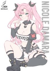 1girl :3 =_hair_ornament asymmetrical_legwear black_bow black_shorts black_socks black_thighhighs blush bow breasts bright_pupils character_name cleavage closed_mouth clothing_cutout commentary cutoffs english_commentary full_body green_eyes hair_between_eyes hair_bow hair_ornament hairclip hand_up heart heart_necklace heart_pendant highres jewelry kneehighs knees_apart_feet_together large_breasts long_hair looking_at_viewer micro_shorts midriff mismatched_legwear mole mole_on_breast mole_on_thigh mole_under_eye navel necklace nicole_demara pink_hair realen shorts shoulder_cutout signature simple_background single_thighhigh sitting smile smug socks solo split_mouth strapless thighhighs thighs torn_clothes torn_thighhighs tube_top twitter_username two_side_up v v-shaped_eyebrows very_long_hair white_background white_tube_top zenless_zone_zero