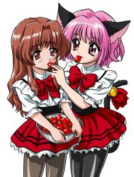 00s 2girls animal_ears bandabekken bell bow bowl bronze_parrot brown_hair cat_ears cat_tail crossover female_focus food fruit holding holding_food holding_fruit jingle_bell long_hair momomiya_ichigo morino_ichigo multiple_girls name_connection object_namesake onegai_teacher onegai_twins pantyhose pink_eyes pink_hair pun red_eyes short_hair simple_background strawberry tail tail_bell tail_ornament tokyo_mew_mew waitress white_background