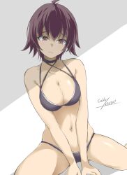 1girl ahoge alternate_breast_size artist_name bikini black_bikini black_choker breasts brown_eyes choker cleavage cowboy_shot dated gakky grey_hair highres kantai_collection large_breasts multi-strapped_bikini_top one-hour_drawing_challenge sakawa_(kancolle) shade short_hair sitting solo swimsuit