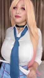 1girl animated ariacosplay black_choker blonde_hair blue_necktie blue_skirt breasts choker clothes_lift cosplay female_focus grin highres kitagawa_marin kitagawa_marin_(cosplay) large_breasts long_hair looking_at_viewer multicolored_hair necktie nipples pleated_skirt real_life red_eyes red_hair school_uniform self_expoure shirt_lift skirt smile solo sono_bisque_doll_wa_koi_wo_suru teeth video