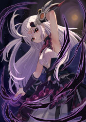 Rule 34 | 1girl, absurdres, ahoge, arm up, armpits, aura, bare shoulders, belt, black background, black belt, black skirt, bow, bowtie, breasts, card, dark aura, duel masters, duel masters play&#039;s, elbow gloves, frilled skirt, frills, from above, full moon, gloves, grey hair, highres, holding, holding card, long hair, looking at viewer, luca (duel masters), medium breasts, moon, one side up, red bow, red bowtie, red eyes, shirt, skirt, sleeveless, sleeveless shirt, solo, tsuseki, white shirt