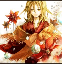 1girl blonde_hair closed_mouth expressionless flower_ornament japanese_clothes kimono kyouyama_anna long_hair looking_at_viewer orange_shawl orb pinwheel red_kimono sakuramochi1003 shaman_king shawl solo standing yellow_eyes