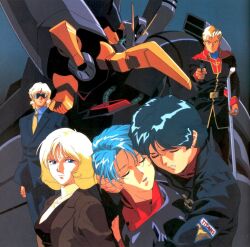 1990s_(style) 2girls 3boys aiming aiming_at_viewer arm_cannon beam_cannon belt blonde_hair blue_eyes blue_hair byalant cable closed_eyes corpse crutch death emblem formal_clothes four_murasame gun gundam handgun hug jerid_messa jpeg_artifacts kamille_bidan kitazume_hiroyuki mecha military_uniform mobile_suit mullet multiple_boys multiple_girls necktie official_art one-eyed pompadour quattro_bajeena retro_artstyle robot sad sayla_mass scan science_fiction siblings spoilers suit sunglasses third-party_source titans_(gundam) traditional_media weapon zeta_gundam