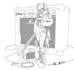 1girl absurdres belt_chain boots breasts electric_guitar full_body greyscale guitar hand_in_pocket hatsune_miku highres holding holding_guitar holding_instrument instrument jacket long_hair looking_at_viewer marshall_amplification medium_breasts midriff mini_person minigirl monochrome one_eye_covered open_clothes open_fly open_jacket pants solo sowasi standing torn_clothes torn_pants twintails vocaloid white_background