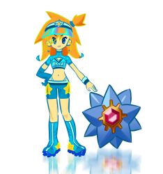 1girl blue_eyes blue_footwear blue_gloves blue_shirt blue_shorts boots crop_top earrings gen_1_pokemon gloves hand_on_own_hip highres jewelry long_hair looking_at_viewer midriff misty_(pokemon) navel nintendo orange_hair pokemon pokemon_rgby reflection shirt shoes shorts single_glove smile solo standing star_(symbol) starmie visor_cap wristband