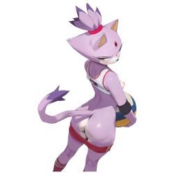1girl animal_ears ass ball blaze_the_cat breasts buruma buruma_pull cat_ears cat_tail clothes_lift clothes_pull commentary english_commentary eyelashes forehead_jewel furry furry_female highres holding holding_ball kneepits looking_down nipples purple_fur red_buruma red_socks shirt_lift small_breasts smewed socks solo sonic_(series) sportswear standing tail tank_top thighs transparent_background volleyball_(object) volleyball_uniform white_tank_top yellow_eyes