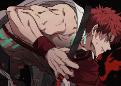 1boy abs absurdres blood cape emiya_shirou fate/grand_order fate_(series) fog_fgo highres magic_circuit male_focus red_hair senji_muramasa_(fate) single_bare_shoulder solo toned toned_male unworn_cape white_cape