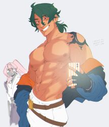 Rule 34 | 2boys, bara, belt, cherry blossom (sk8), green hair, japanese clothes, joe (sk8), karina farek, long hair, long sleeves, male focus, mirror selfie, multiple boys, muscular, muscular male, nipples, pectorals, pink hair, ponytail, selfie, shoulder tattoo, sk8 the infinity, smile, sun symbol, sun tattoo, tan, tattoo