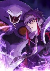 1boy arbok black_jacket collared_shirt corbeau_(pokemon) gen_1_pokemon glasses highres jacket looking_at_viewer male_focus mkd_tbz necktie nintendo nostrils orange_eyes parted_lips pokemon pokemon_(creature) pokemon_legends:_z-a purple_hair purple_shirt round_eyewear shirt short_hair sideburns slit_pupils smoke upper_body v-shaped_eyebrows
