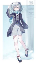 1girl aqua_eyes belt black_bow black_coat black_shoes blush border bow coat commentary_request earrings full_body grey_hair grey_shirt hair_bow highres indie_virtual_youtuber jewelry looking_at_viewer nekomugi_tororo open_clothes open_coat open_mouth outside_border scarf shirt shoes shorts solo sudasamo tassel tassel_earrings two_side_up virtual_youtuber watermark white_border white_shorts