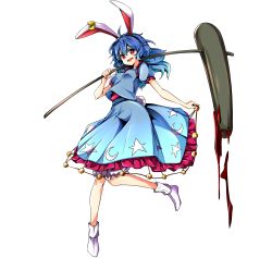 1girl absurdres ambiguous_red_liquid animal_ears baba_(baba_seimaijo) blue_dress blue_hair crescent dress earclip female_focus full_body highres kine long_hair mallet non-web_source open_mouth puffy_short_sleeves puffy_sleeves rabbit_ears rabbit_tail red_eyes seiran_(touhou) shoes short_sleeves smirk solo star_(symbol) tail third-party_edit touhou transparent_background weapon