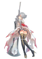 1girl absurdres arm_behind_back armor armored_dress ass back black_boots black_skirt blush boots breasts commentary_request dress female_focus flower from_behind full_body gauntlets gloves green_eyes grey_gloves grey_hair hair_between_eyes hand_up high_heel_boots high_heels highres holding holding_weapon huge_weapon kamome_yuu knees_together_feet_apart looking_at_viewer looking_back miniskirt panties pantyshot parted_lips pleated_skirt red_flower red_rose rose short_dress sideboob sidelocks simple_background sinoalice skirt small_breasts snow_white_(sinoalice) solo standing sword thigh_boots thighhighs tiptoes twisted_neck underwear upskirt weapon white_background white_panties