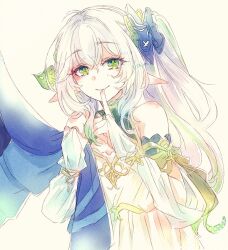 1girl adapted_costume aged_up alternate_hair_length alternate_hairstyle arm_cutout bare_shoulders black_bow blue_cape bow bracelet cape cape_hold cape_tug cleavage_cutout clothing_cutout couple cross-shaped_pupils detached_sleeves double-parted_bangs dress finger_to_mouth genshin_impact gold_ring green_eyes green_hair hair_between_eyes hair_bow hair_ornament half_crown_braid heart hetero highres holding holding_unworn_cape holding_unworn_clothes index_finger_raised jewelry leaf leaf_hair_ornament light_blush long_hair looking_at_viewer middle_ring multicolored_hair nahida_(genshin_impact) out_of_frame pointy_ears scaramouche_(genshin_impact) shushing side_ponytail sidelocks smile streaked_hair symbol-shaped_pupils unworn_cape wanderer_(genshin_impact) white_background white_dress white_hair white_sleeves yamo_(sky2world)