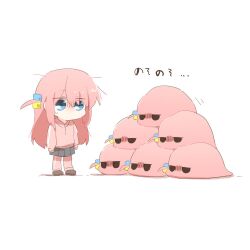 Rule 34 | 1girl, blue eyes, bocchi the rock!, chibi, chibi only, gotoh hitori, gotoh hitori (tsuchinoko), grey skirt, jacket, long hair, long sleeves, pants, pink hair, pink jacket, pink pants, pleated skirt, rebecca (keinelove), simple background, skirt, standing, tsuchinoko, white background