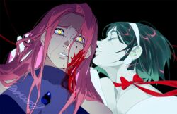 Rule 34 | 2girls, alien stage, black background, black hair, blood, blood in hair, blood on face, choker, closed eyes, commentary, crying, denimcatfish, hairband, hand in another&#039;s hair, long hair, mizi (alien stage), multiple girls, parted lips, pink hair, red ribbon, ribbon, ribbon choker, sua (alien stage), sweat, tears, white hairband, yellow eyes
