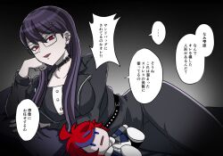 1girl black_dress black_jacket blue_eyes blue_hair chibi collar collarbone dress ear_piercing earrings eyelashes fingernails glasses gradient_background highres jacket japanese_text jewelry lips lipstick looking_at_viewer lying makeup on_side open_mouth piercing red_eyes red_hair red_lips shizuhara_hiruko speech_bubble sumino_takumi the_hundred_line_-last_defense_academy- translation_request vignetting