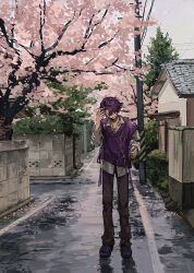 1boy black_pants black_shoes cherry_blossoms closed_eyes collared_shirt colored_inner_hair falling_petals full_body grey_sky grin hand_in_own_hair highres house long_sleeves male_focus multicolored_hair nijisanji open_collar outdoors overcast pants parted_bangs petals pink_hair pink_petals power_lines puddle purple_hair purple_sweater_vest road scenery shirt shoes short_hair side_part sky smile solo standing sweater_vest two-tone_hair umirou utility_pole virtual_youtuber watarai_hibari wet_ground white_shirt wind wing_collar