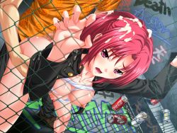 1boy 1girl against_fence bottomless breasts breasts_out can censored coca-cola cum cum_on_hair defloration dr_pepper dutch_angle fence gakuran game_cg graffiti hawaiian_shirt hetero highres kiryu_nagisa kubozuka_kouya kuraki_hiro mosaic_censoring nipples open_clothes open_mouth outdoors rape saliva sarashi school_uniform sex shirt solo_focus tears undone_sarashi wanna_spartansex_spermax!!!
