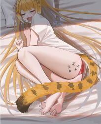 1girl absurdres bao_(pixiv_99415611) barefoot body_writing closed_eyes commentary english_commentary fang feet highres ju_fufu legs long_hair lying on_bed on_side open_mouth orange_hair panties pillow red_panties shirt short_sleeves skin_fang sleeping tail tally tiger_girl tiger_tail toes underwear white_shirt zenless_zone_zero