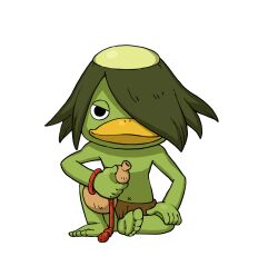 1boy balding colored_skin full_body gourd green_hair green_skin hair_over_one_eye highres holding holding_gourd kappa_(youkai_watch) looking_at_viewer official_art simple_background sitting solo third-party_source transparent_background youkai_(youkai_watch) youkai_watch