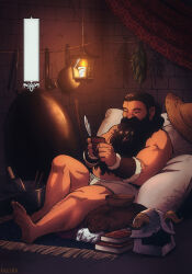 1boy artist_collaboration bara beard brown_hair candle closed_eyes colorized cooking_pot dungeon_meshi dwarf facial_hair fake_horns fire_light fur_(clothing) helmet highres horned_helmet horns kaschra kui_ryouko ladle long_beard male_focus muscular muscular_male mustache reading senshi_(dungeon_meshi) shorts sitting solo sparse_leg_hair thick_eyebrows thick_mustache topless_male unworn_headwear unworn_helmet very_long_beard
