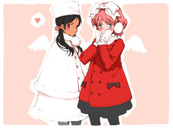 2girls angel_wings aria_vancleef artist_name black_hair black_legwear blue_eyes blush border bow brown_eyes buttons child coat dark-skinned_female dark_skin earmuffs embarrassed flat_chest forehead_jewel fur_hat fur_trim hair_bow hands_on_own_cheeks hands_on_own_face hat heart highres kaya_xavier large_bow littlewitch long_hair looking_at_viewer looking_back mittens multiple_girls official_art official_wallpaper ooyari_ashito outline pantyhose parted_bangs peacoat pink_background pink_hair profile short_hair shoujo_mahou_gaku_littlewitch_romanesque simple_background skirt spoken_heart standing thighhighs twintails watermark wings winter_clothes winter_coat
