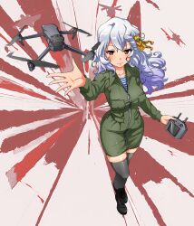 absurdres aircraft alpha_(alpha_1918) black_footwear black_thighhighs blush collarbone colored_skin controller cross-laced_footwear curly_hair drone dynamic_pose fluffy fluffy_hair from_above green_jumpsuit hair_ornament highres holding holding_controller jumpsuit light_smile long_hair long_sleeves military military_uniform miniskirt nisp_art official_art original outstretched_arm outstretched_hand pocket quadcopter red_eyes russia russian_empire russian_ground_forces russo-ukrainian_war shirt shoes skirt striped_clothes striped_shirt telnyashka thighhighs undershirt unmanned_aerial_vehicle war white_hair white_skin zipper zipper_skirt