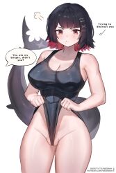 1girl :/ arrow_(symbol) black_hair black_one-piece_swimsuit boosty_username breasts cleavage closed_mouth colored_inner_hair commentary competition_swimsuit cowboy_shot ellen_joe english_commentary english_text fins fish_tail frontal_wedgie hair_ornament hairclip highleg highleg_one-piece_swimsuit highres large_breasts large_tail light_blush looking_at_viewer mole mole_under_eye multicolored_hair multiple_moles one-piece_swimsuit partially_visible_vulva patreon_username puff_of_air red_eyes red_hair self_wedgie shark_girl shark_tail short_hair simple_background solo speech_bubble split_mouth standing swimsuit tail tail_raised two-tone_hair v-shaped_eyebrows watermark web_address wedgie wersman white_background x_hair_ornament zenless_zone_zero