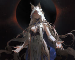 Rule 34 | 1girl, bare shoulders, breasts, cleavage, commentary request, dino (dinoartforame), dress, from below, highres, hood, hood over one eye, hood up, large breasts, long hair, looking at viewer, open hands, original, pelvic curtain, red eyes, sleeveless, sleeveless dress, standing
