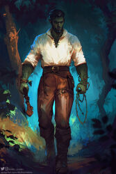 Rule 34 | 1boy, beard, black hair, blue eyes, check copyright, colored skin, copyright request, facial hair, fantasy, forest, green eyes, green skin, hairy, heterochromia, highres, laurelin, male focus, mature male, muscular, muscular male, nature, orc, original, pants, pointy ears, short hair, tusks