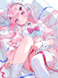 1girl :o adjusting_clothes adjusting_legwear ahoge animal_ears bandaid bandaid_hair_ornament belt black_choker blue_bow blush bow breasts cat_choker cat_ears cat_girl choker cleavage_cutout clothing_cutout collarbone commentary couch crossed_bandaids dress extra_ears fish_hair_ornament ghost_hair_ornament hair_bow hair_ornament hairclip heart heart_hair_ornament highres indie_virtual_youtuber knee_up long_hair lying maid maid_headdress o-ring o-ring_choker on_back open_mouth paw_print pink_belt pink_bow pink_dress pink_eyes pink_hair pink_ribbon ribbon short_sleeves solo thighhighs thighs two_side_up virtual_youtuber white_thighhighs white_wrist_cuffs wing_hair_ornament wrist_cuffs yuuki_sakuna yuzuriha_(nx_e78)