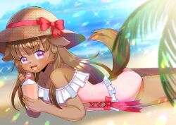 1girl animal_ears bare_shoulders beach blurry blurry_background blurry_foreground bow brown_hair brown_hat commentary_request commission cup day depth_of_field dog_ears dog_girl dog_tail drinking_glass frilled_one-piece_swimsuit frills furry furry_female hair_ornament hairclip hat hat_bow heart heart_hair_ornament holding holding_cup kou_hiyoyo long_hair lying off-shoulder_one-piece_swimsuit off_shoulder on_ground on_stomach one-piece_swimsuit original outdoors palm_tree pink_one-piece_swimsuit purple_eyes red_bow ribbon-trimmed_swimsuit ribbon_trim sand skeb_commission solo swimsuit tail tree very_long_hair water