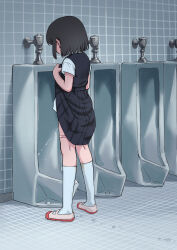 Rule 34 | 1girl, absurdres, black dress, black hair, clothes lift, commentary request, dress, dress lift, highres, indoors, lifting own clothes, original, paid reward available, panties, panty pull, pee, peeing, pinafore dress, pink panties, shirt, shoes, short hair, short sleeves, sleeveless, sleeveless dress, socks, solo, tamura-chan, underwear, urinal, urinal use, uwabaki, variant set, white shirt, white socks