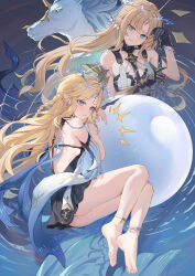 2girls absurdres ass back bare_legs bare_shoulders barefoot black_dress blonde_hair blue_eyes blue_hair blush breasts cartethyia_(wuthering_waves) colored_inner_hair commentary crown_of_thorns dress dual_persona earrings feet fleurdelys_(wuthering_waves) highres hokori_sakuni holding holding_sword holding_weapon horns imperator_(wuthering_waves) jewelry large_breasts legs long_hair long_horns looking_at_viewer multicolored_hair multiple_earrings multiple_girls necklace orb parted_bangs parted_lips pointy_ears sidelocks single_horn small_breasts smile sword tacet_mark_(wuthering_waves) thighs toes unicorn weapon wuthering_waves yellow_horns