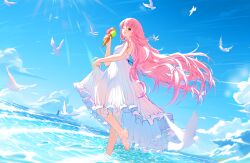 Rule 34 | 1girl, absurdres, artist request, back ribbon, bare arms, bare shoulders, barefoot, bird, blue ribbon, blue sky, chinese commentary, cloud, commentary request, dress, dutch angle, eyelashes, feet, flock, food, frilled dress, frills, full body, happy, highres, holding, holding food, holding ice cream, holding ice cream cone, ice cream, ice cream cone, leg up, light particles, light rays, lighthouse, long dress, long hair, long sidelocks, looking at viewer, nikki (nikki), nikki (series), ocean, one eye closed, open mouth, pink eyes, pink hair, pleated dress, ribbon, seagull, second-party source, sidelocks, skirt hold, sky, sleeveless, sleeveless dress, smile, soles, solo, splashing, summer, sundress, sunlight, toes, very long hair, wading, white dress