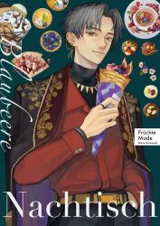 Rule 34 | ambiguous gender, androgynous, black hair, blackberry (fruit), blueberry, cookie, crepe, cuff links, dessert, ear chain, fashion, floral print, flower, food, fruit, german text, grey eyes, hair between eyes, highres, holding, holding crepe, holding food, ice cream cone, jewelry, lemon, lemon slice, linked piercing, looking at viewer, original, pancake, pansy, pastry, piercing, red shirt, shirt, short hair, simple background, solo, spiked necklace, strawberry, sweets, yksm ktn