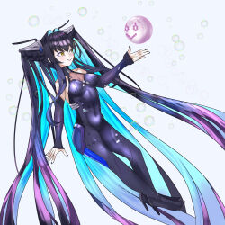 Rule 34 | 1girl, aqua hair, bare shoulders, black bodysuit, black hair, blue hair, bodysuit, breasts, cleavage, colored inner hair, furam, gloves, goddess of victory: nikke, hair intakes, halterneck, highres, large breasts, little mermaid (nikke), long hair, looking at viewer, multicolored hair, see-through cleavage, see-through clothes, solo, twintails, very long hair, yellow eyes